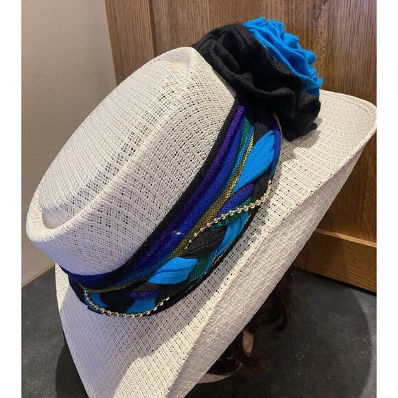 VTG Mexico Straw Fashion Cowboy Women’s Hat Turquoise Flower Black Band Fit 7 - Picture 5 of 10